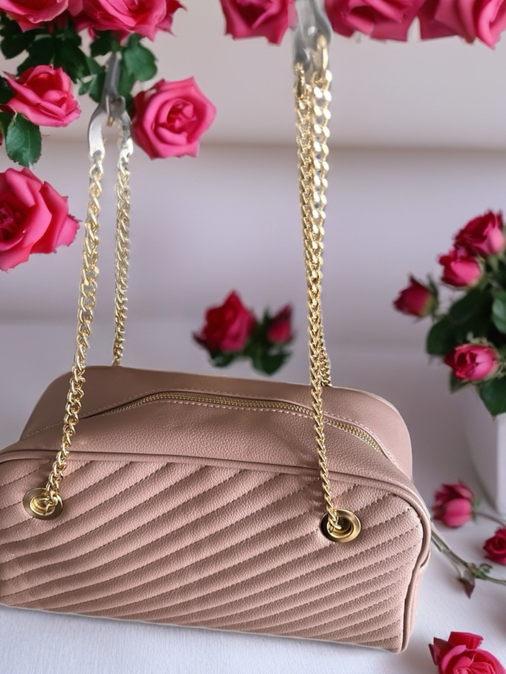 Quilted Chain-Handle Shoulder Bag in Blush Pink